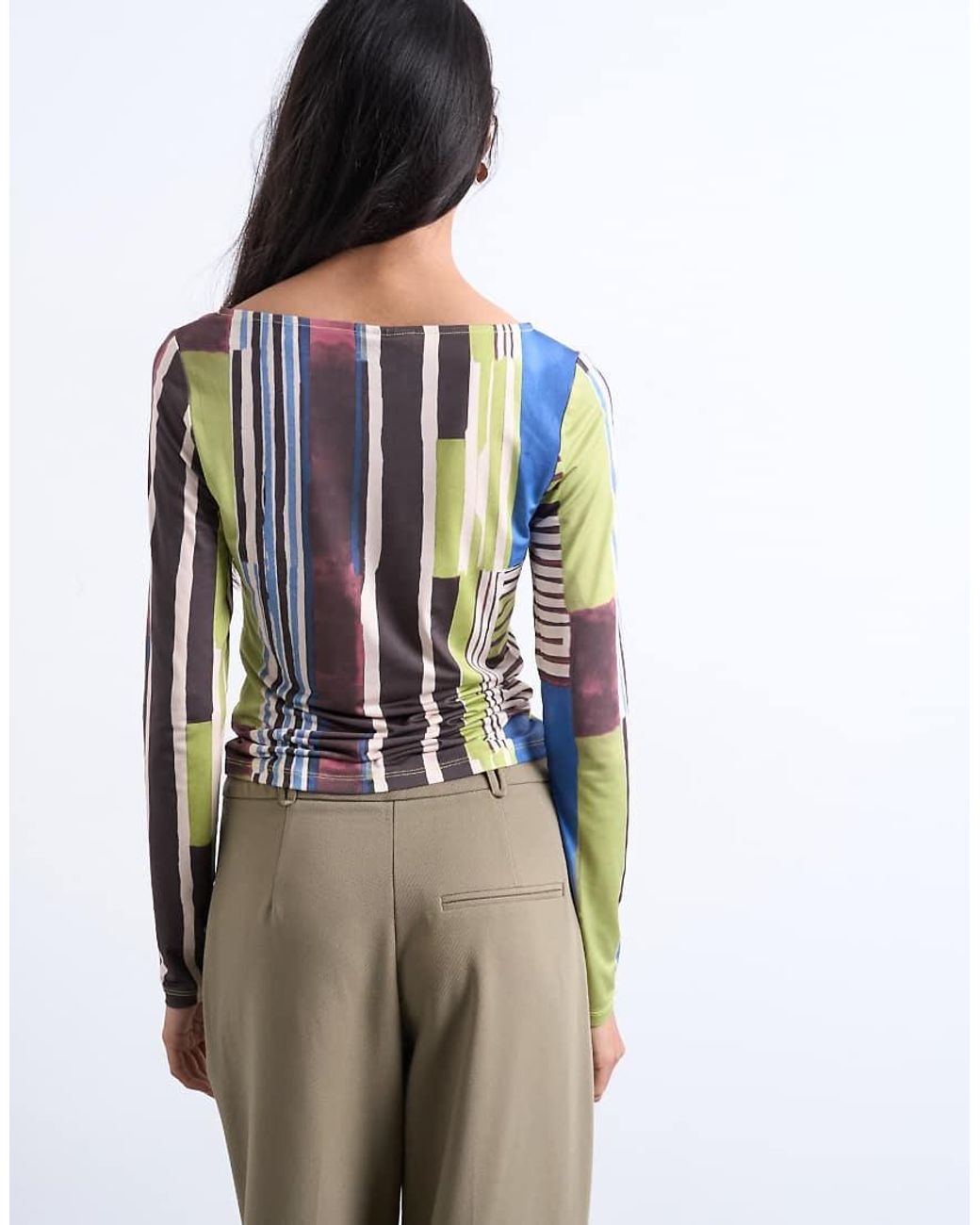 TOPSHOP Blue Abstract Stripe Print Microfibre Long Sleeve Top