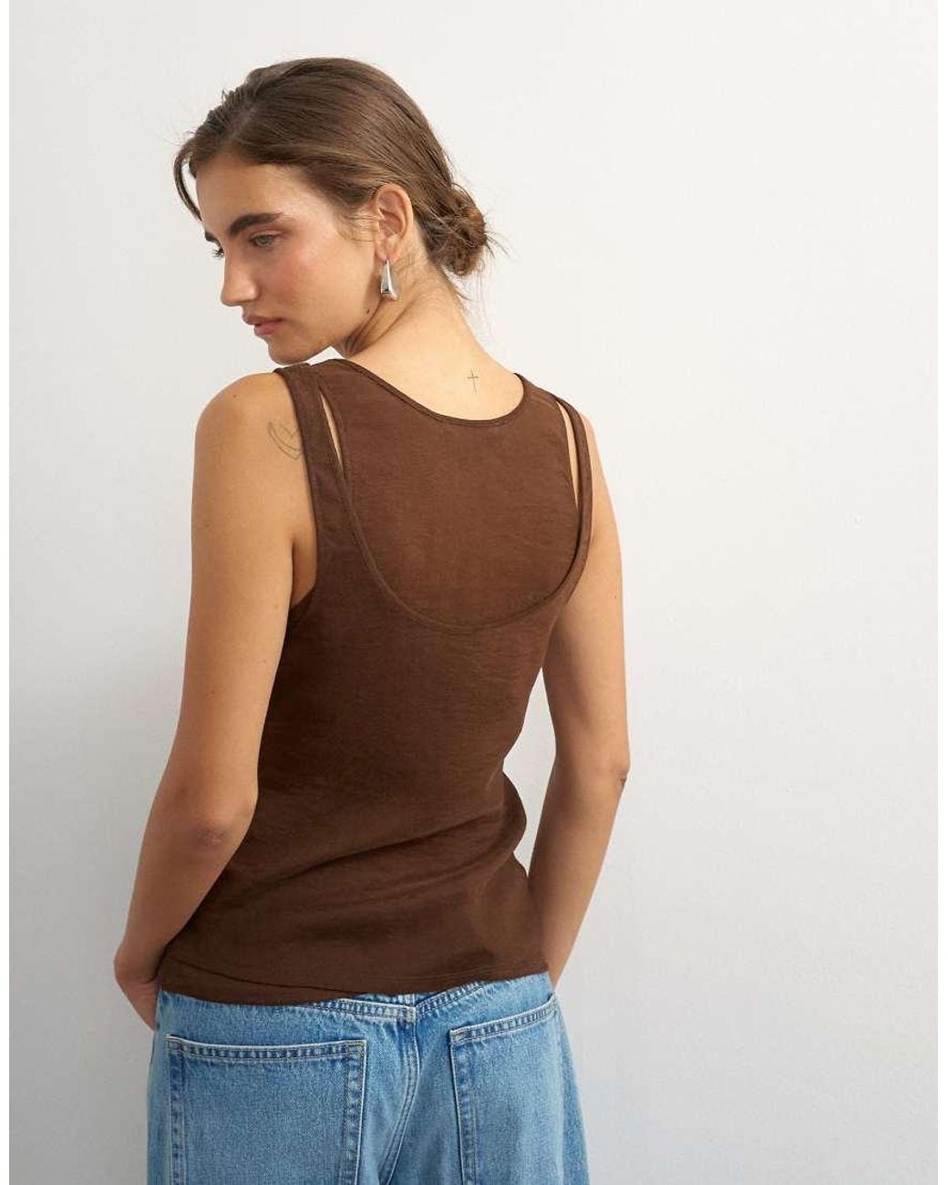 TOPSHOP Brown Mesh Ruched Tunic Layered Vest
