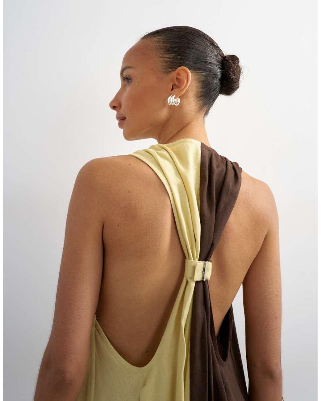 TOPSHOP Natural Linen Rich Halter Deep Hem Mini Trapeze Dress