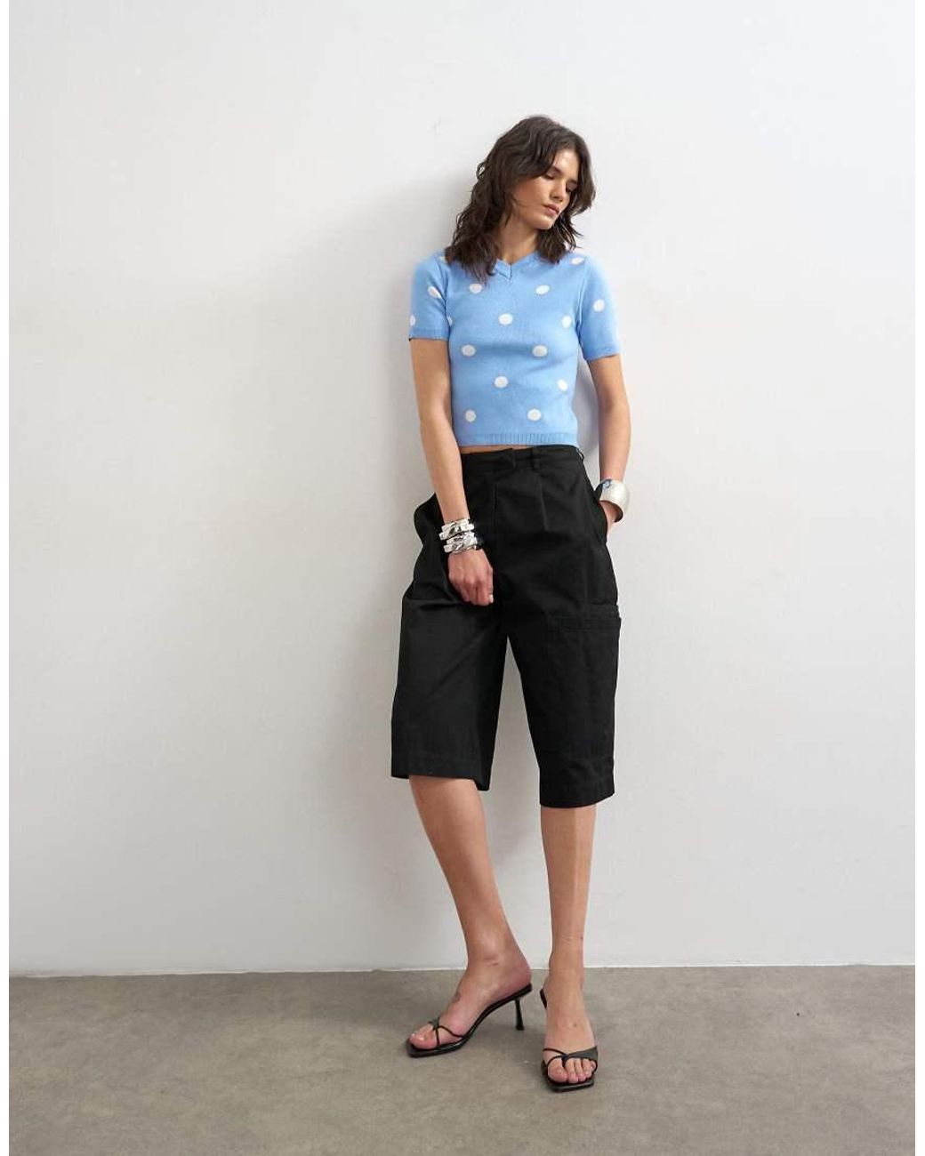 TOPSHOP Blue Knitted Spot High V Neck Top