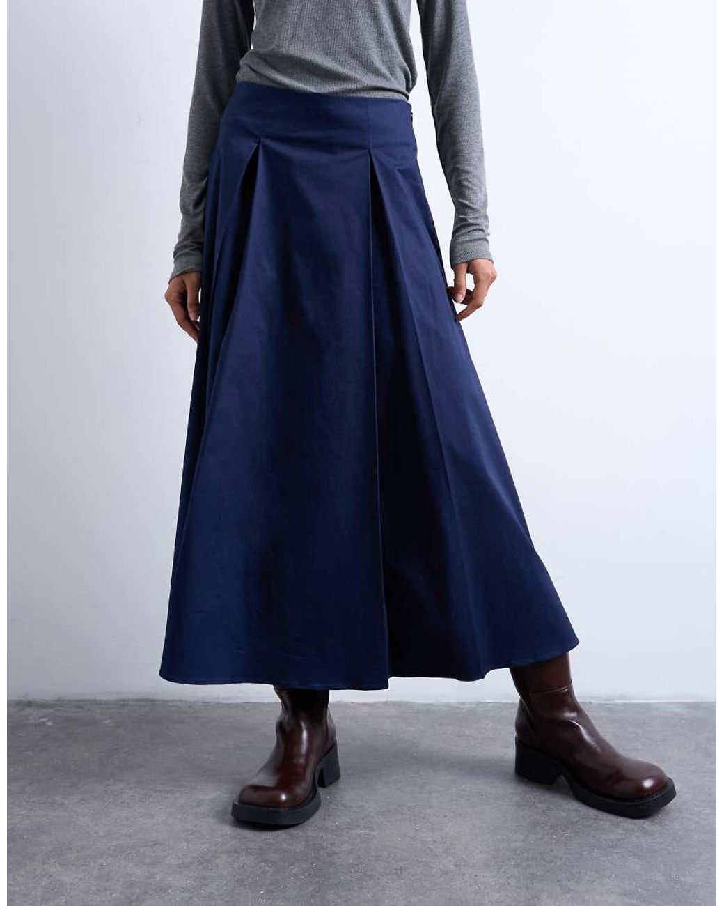 TOPSHOP Blue Pleat Front Midi Skirt