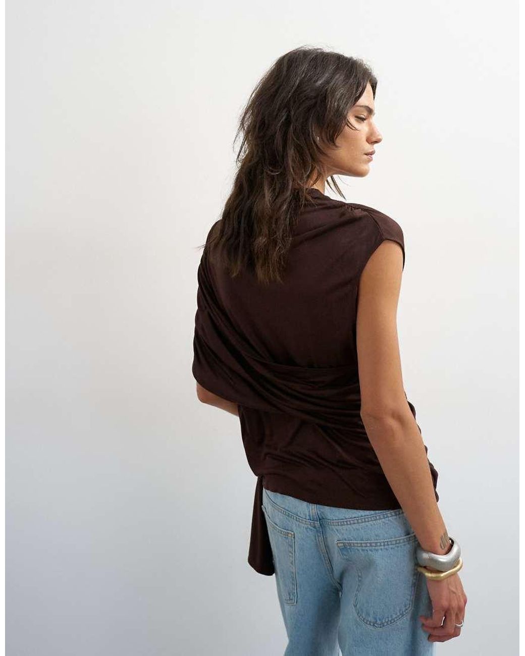 TOPSHOP Brown Draped Wrap High Cap Sleeve Top
