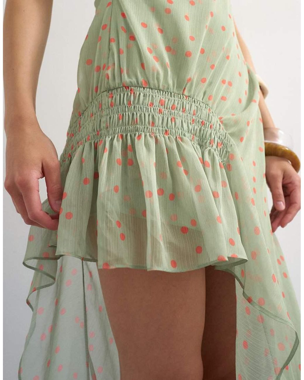 TOPSHOP Green Premium Chiffon High Low Maxi Dress With Smocking Detail