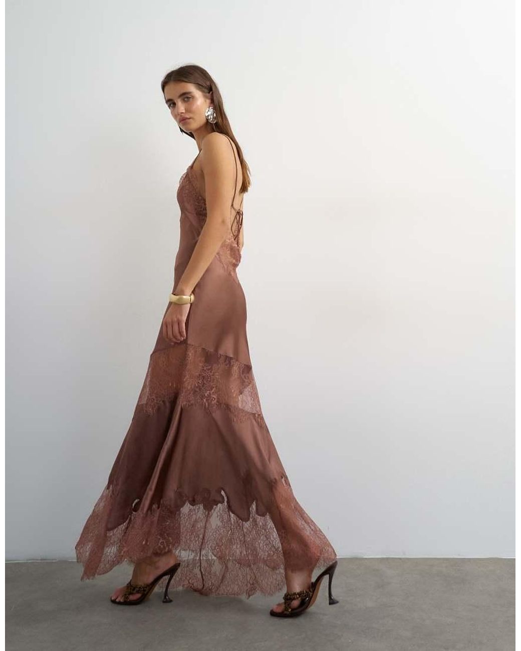 TOPSHOP Brown Satin V Neck Maxi Slip Dress With Lace Inserts