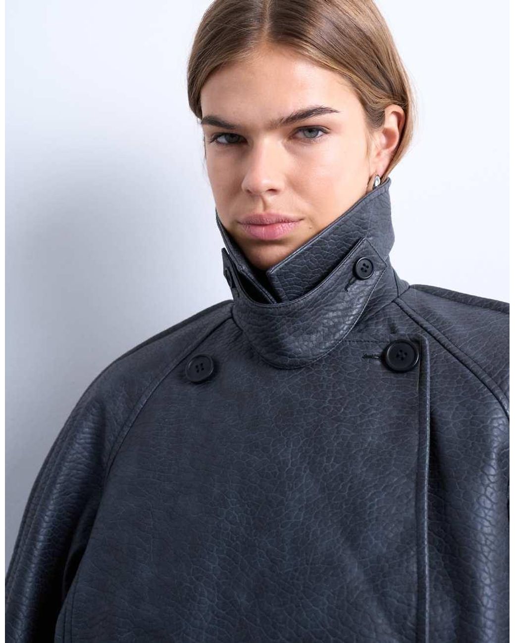 TOPSHOP Blue Faux Leather Ovoid Sleeve Short Trench