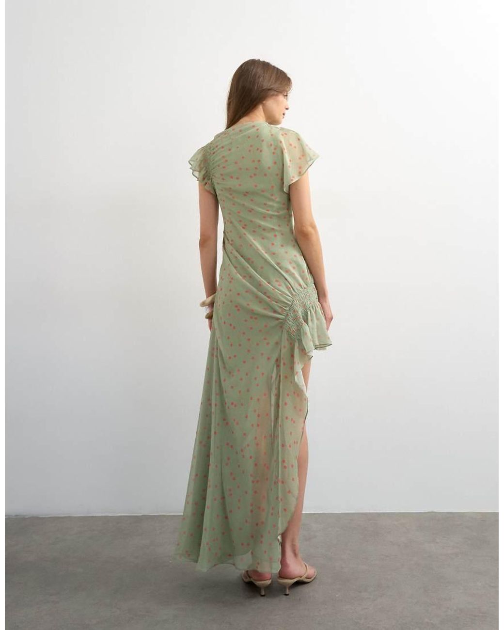 TOPSHOP Green Premium Chiffon High Low Maxi Dress With Smocking Detail