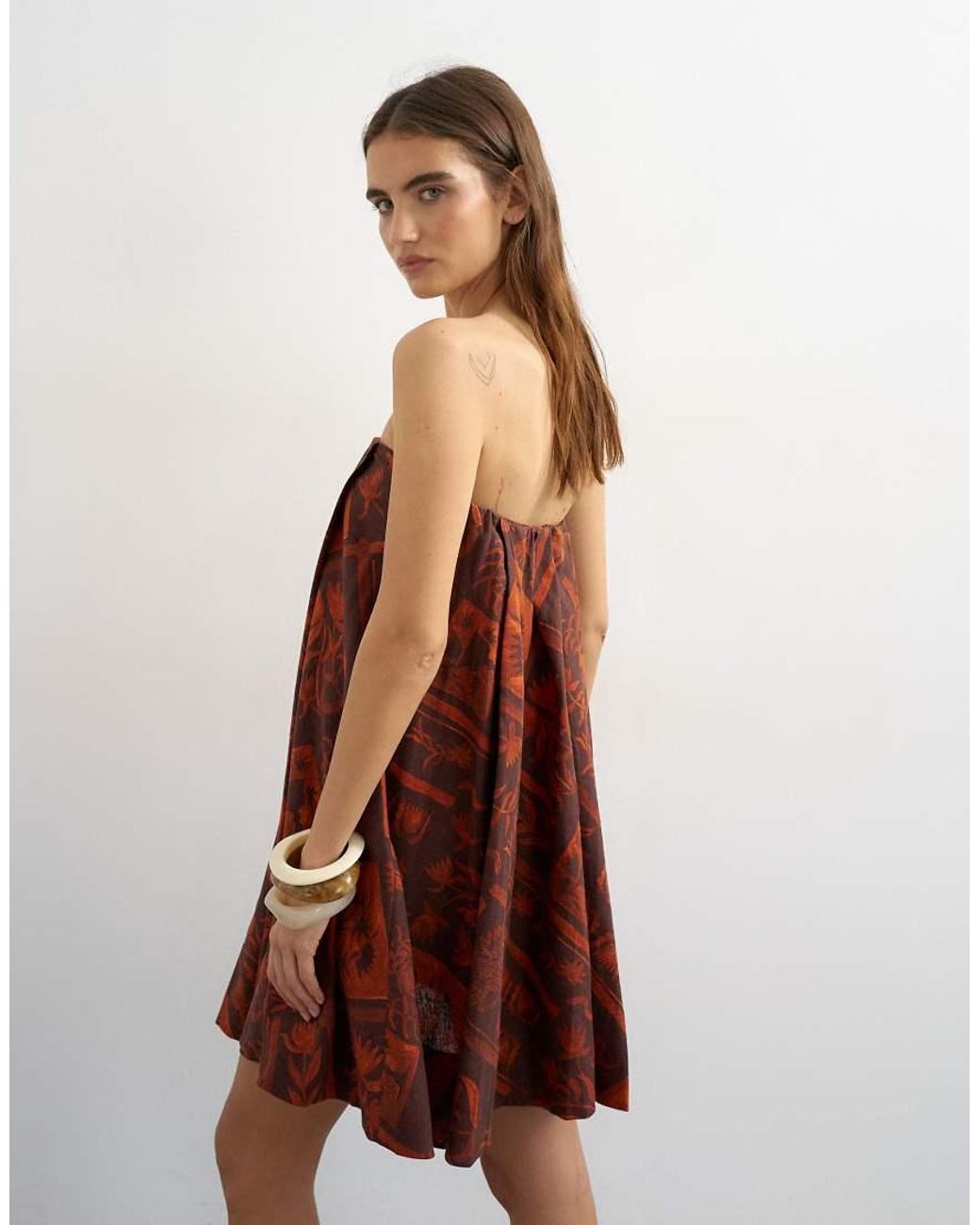 TOPSHOP Brown Linen Rich Full Trapeze Bandeau Mini Dress