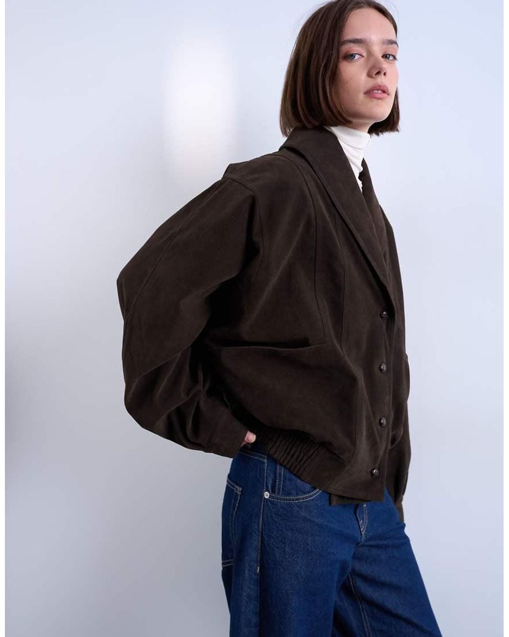 TOPSHOP Blue Oversized Faux Suede Shawl Collar Bomber Jacket