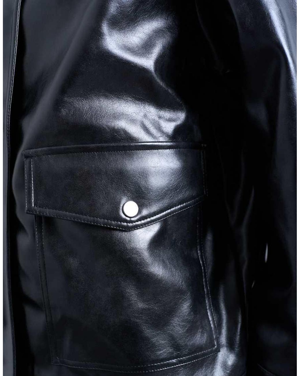 TOPSHOP Blue Faux Leather Shiny Mottled Patch Pocket Shacket