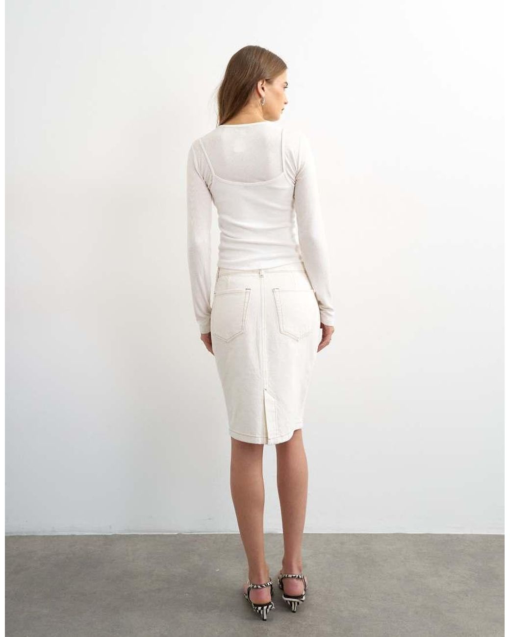 TOPSHOP White Denim 90S Midi Skirt