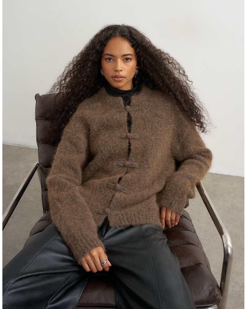 TOPSHOP Brown Knitted Premium Alpaca Blend Frogging Detail Cardigan