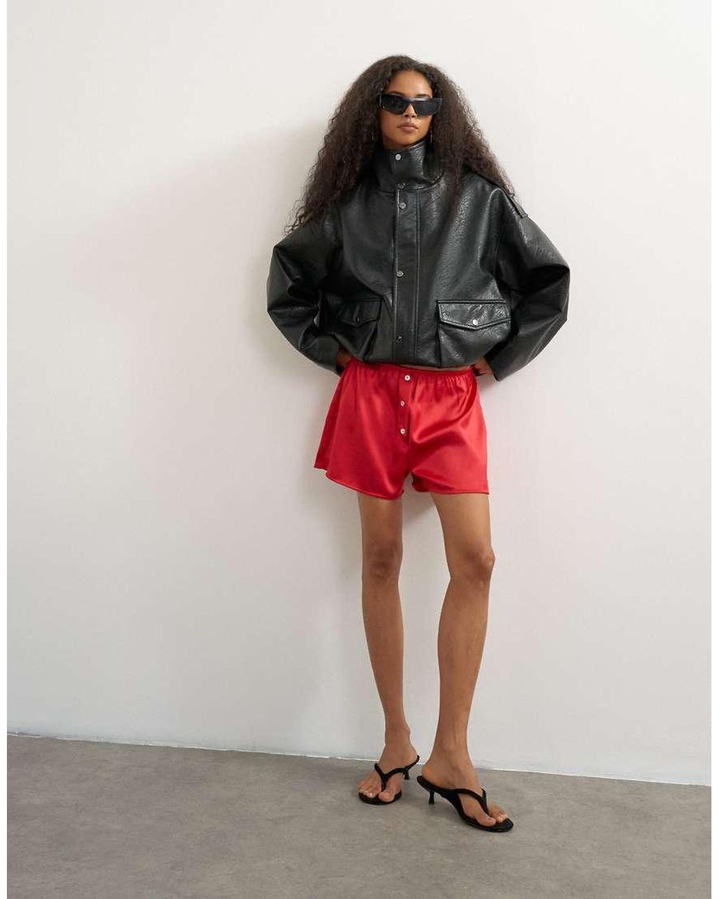 TOPSHOP Red Satin Button Detail Short