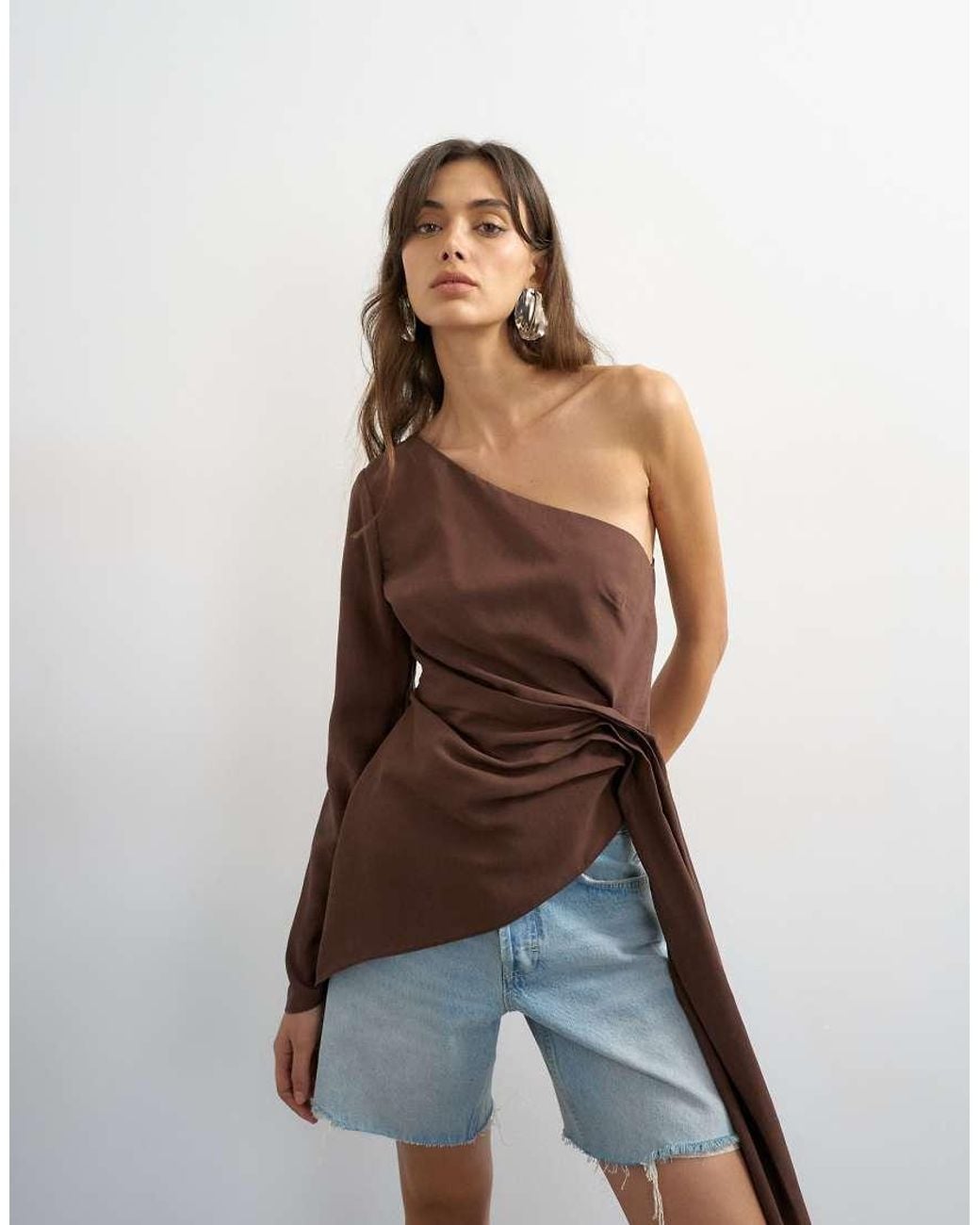 TOPSHOP Brown One Shoulder Cinch Side Draped Top