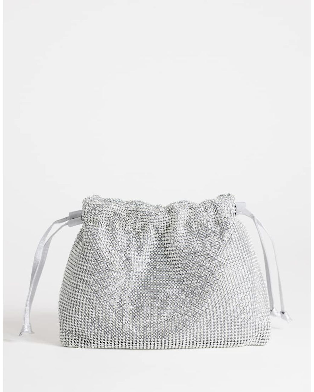 TOPSHOP Gray Seleena Small Diamante Drawstring Clutch Bag