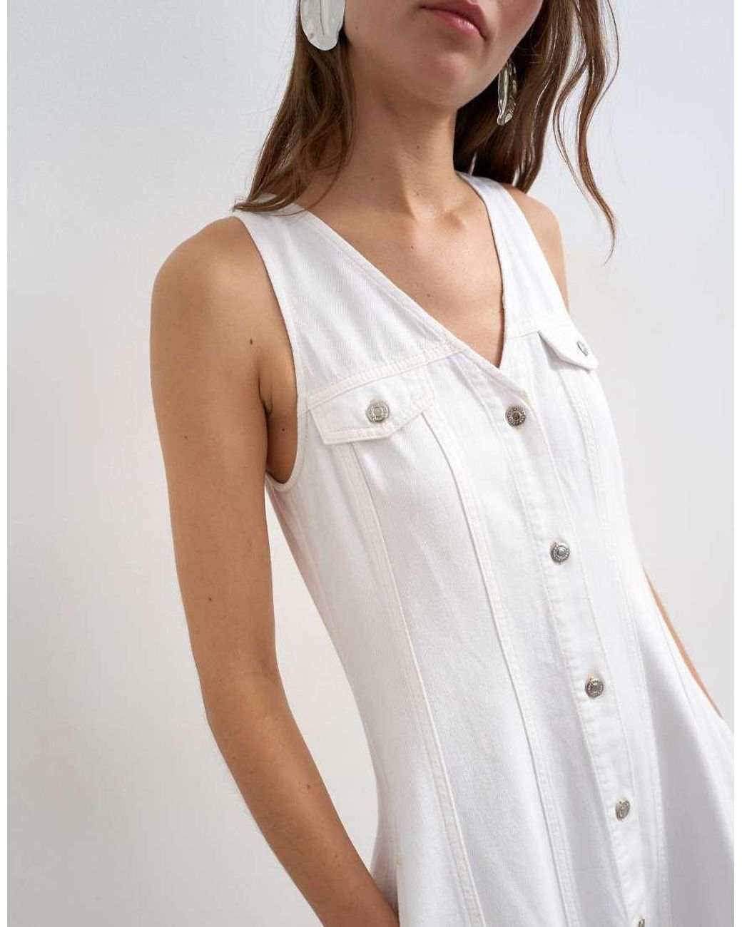 TOPSHOP White Denim V Neck Button Through Maxi Dress