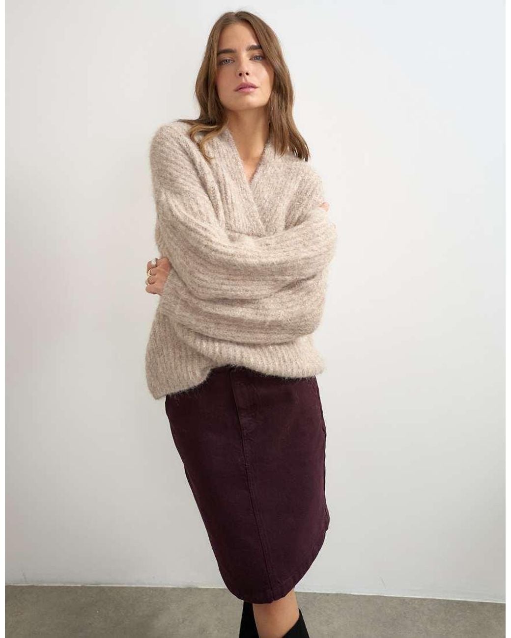 TOPSHOP Natural Knitted Chunky Shawl Collar Sweater