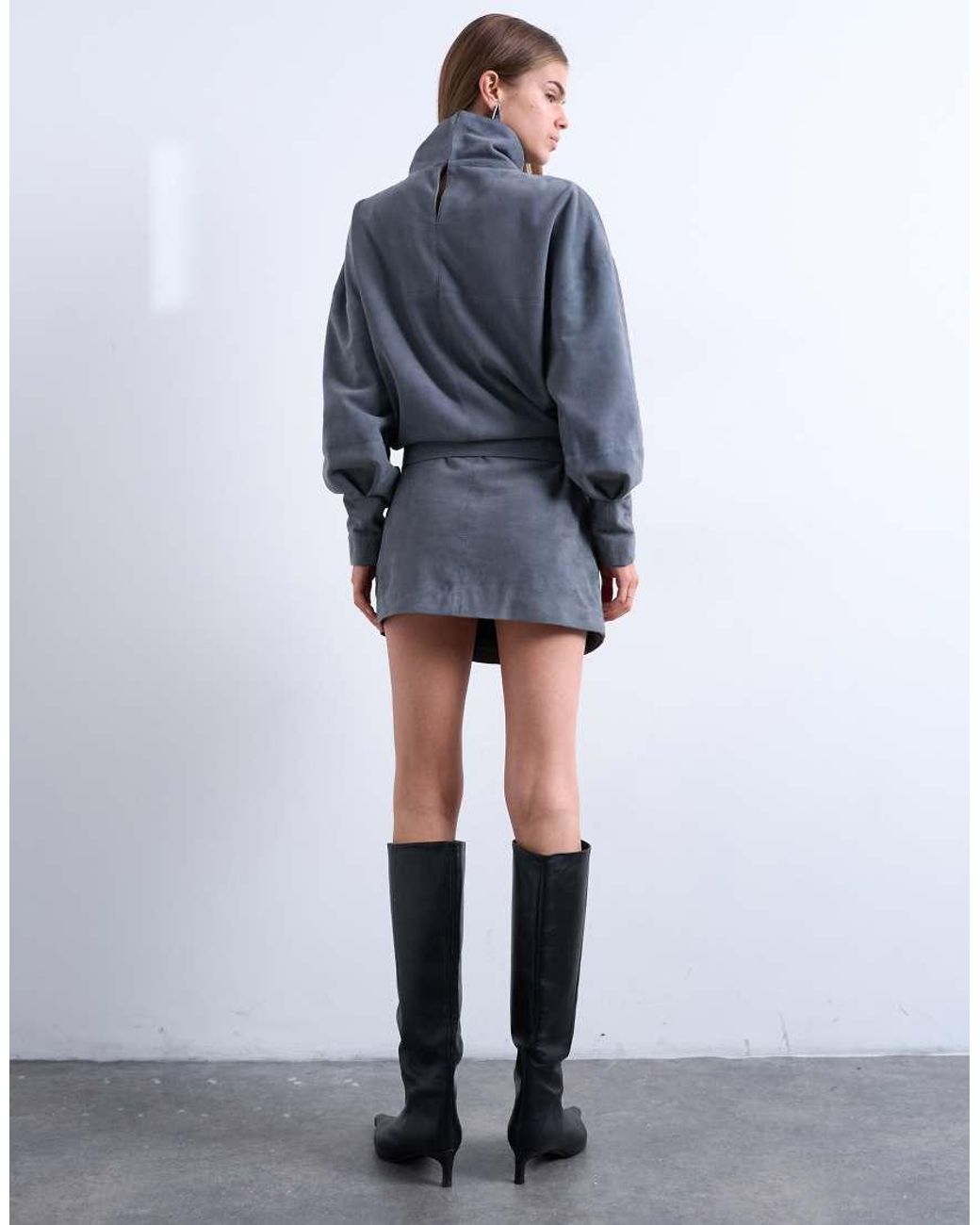 TOPSHOP Blue Real Suede Funnel Neck Cinch Waist Long Sleeve Mini Dress