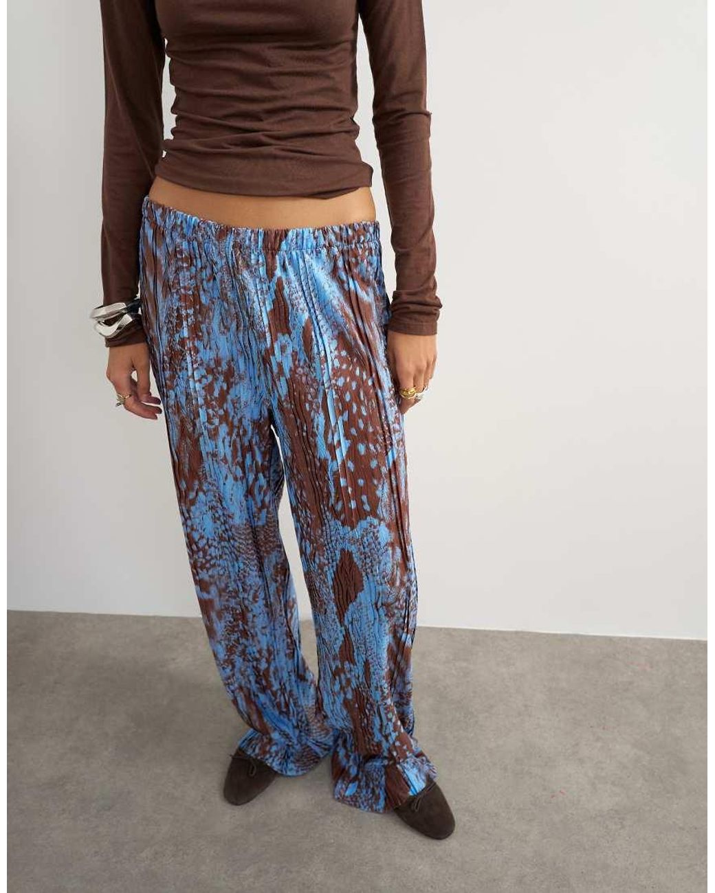 TOPSHOP Blue Abstract Plisse Wide Leg Trouser