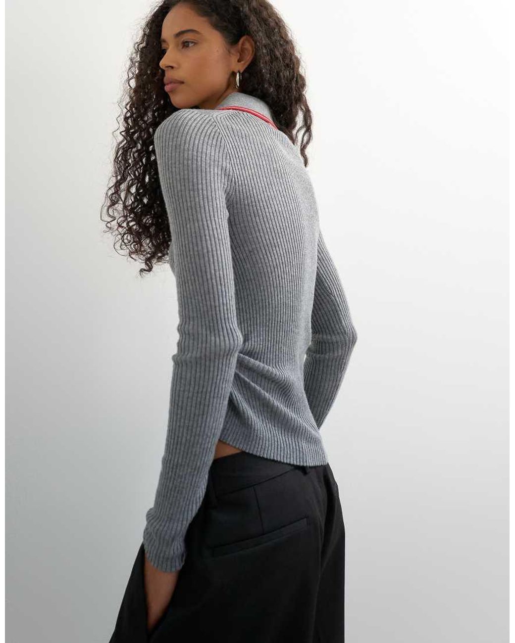 TOPSHOP Gray Knitted Side Twist Polo Top With Wool