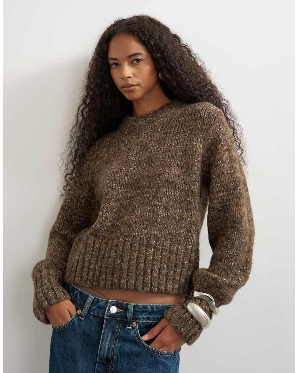 TOPSHOP Brown Knitted Boxy Twist Yarn Pointelle Detail Jumper