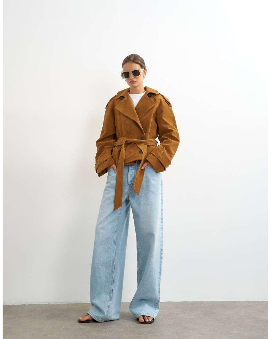 TOPSHOP Blue Faux Suede Belted Trench