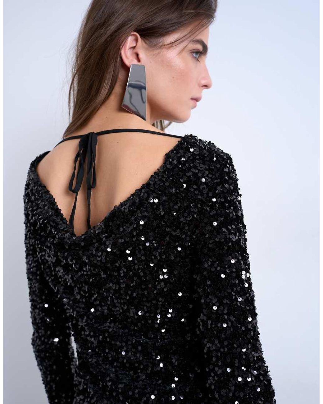 TOPSHOP White Long Sleeve Cowl Back Sequin Velvet Mini Dress