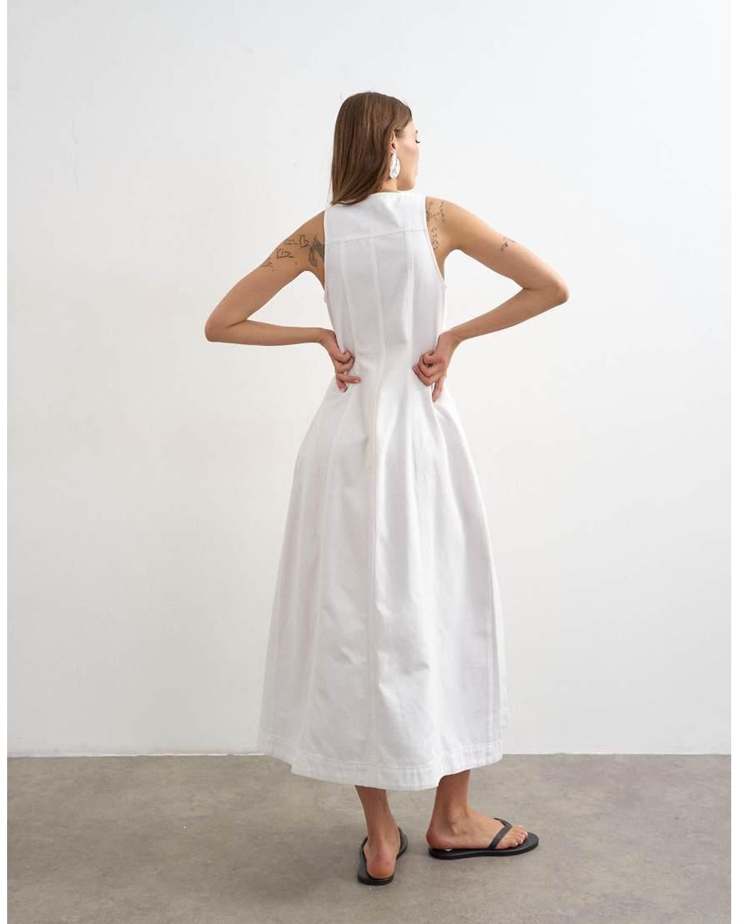 TOPSHOP White Denim V Neck Button Through Maxi Dress