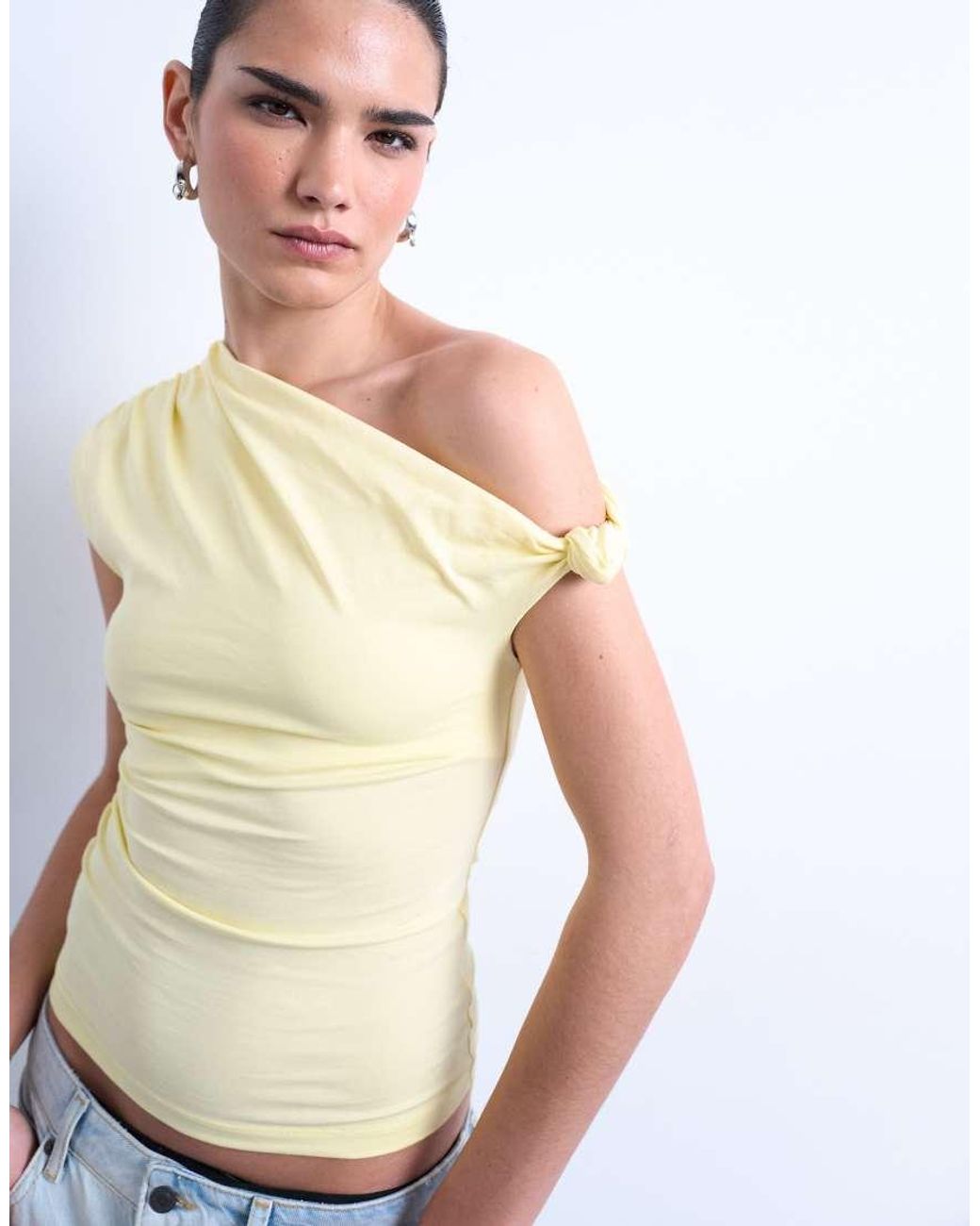 TOPSHOP Natural Asymmetric Ruched Shoulder Top