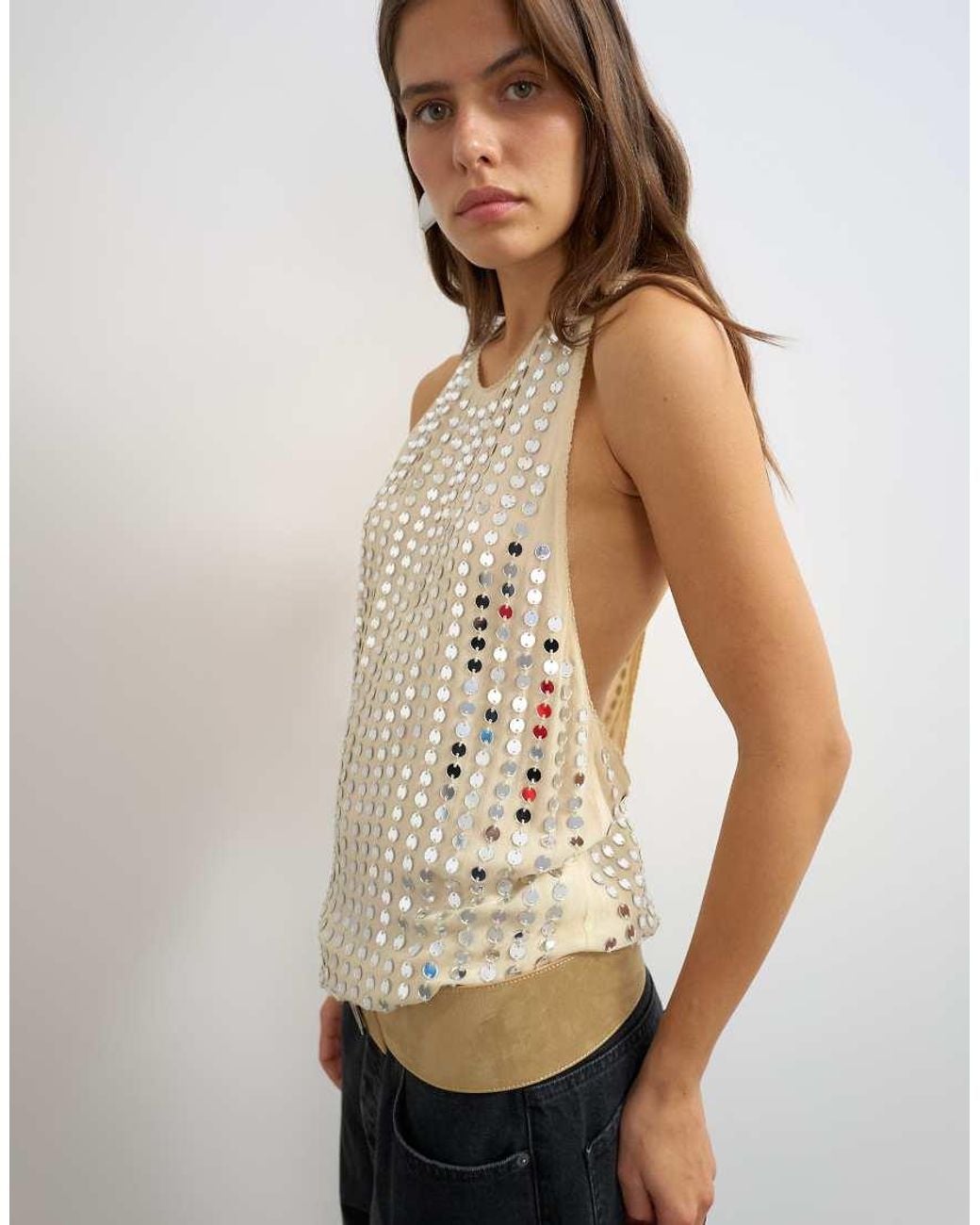 TOPSHOP Natural Premium Low Scoop Open Back Tank Top With Heavy Embellishment