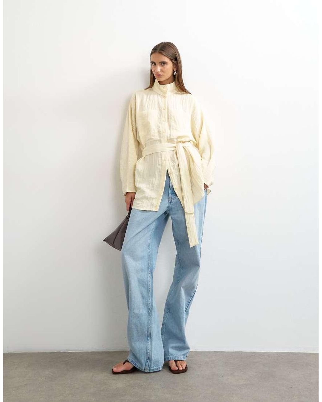 TOPSHOP White Tie Waist Funnel Neck Tunic Top