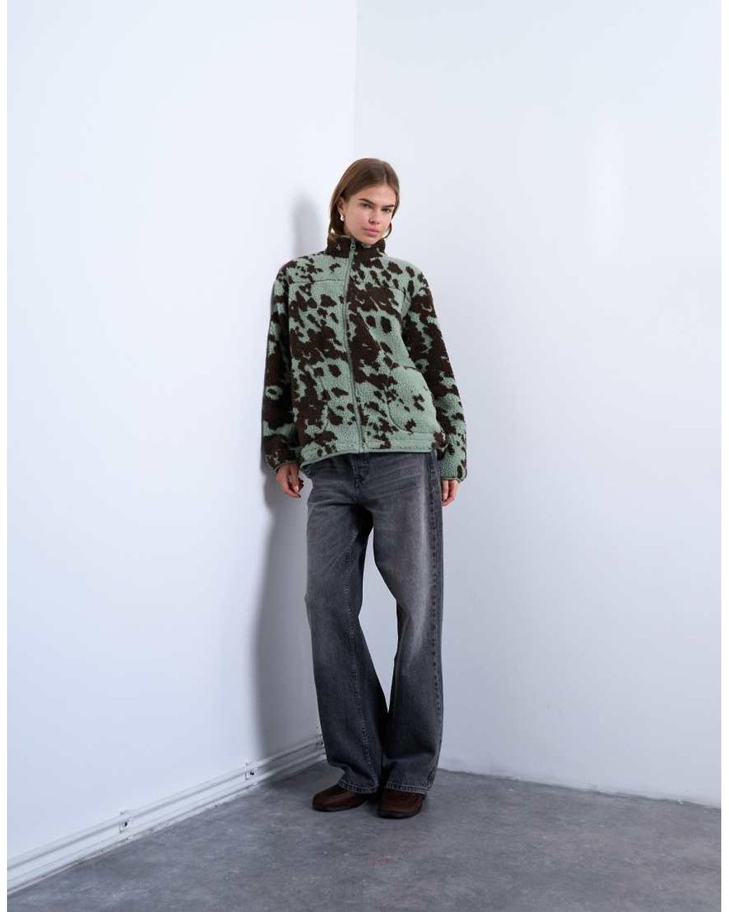 TOPSHOP Black Brown And Teal Cow Print Borg Fleece Jacket With Contrast Teal Binding