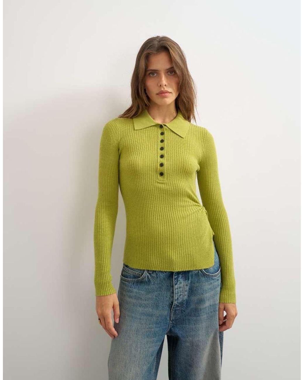 TOPSHOP Green Knitted Side Twist Polo Top With Wool