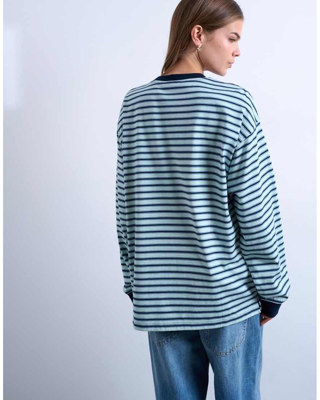 TOPSHOP Blue Striped Long Sleeve Slouchy Skater Tee