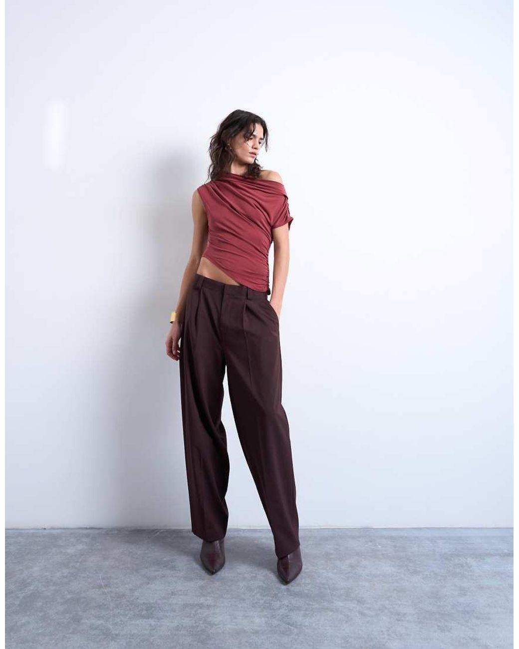 TOPSHOP Red Cupro Ruched Detail Top