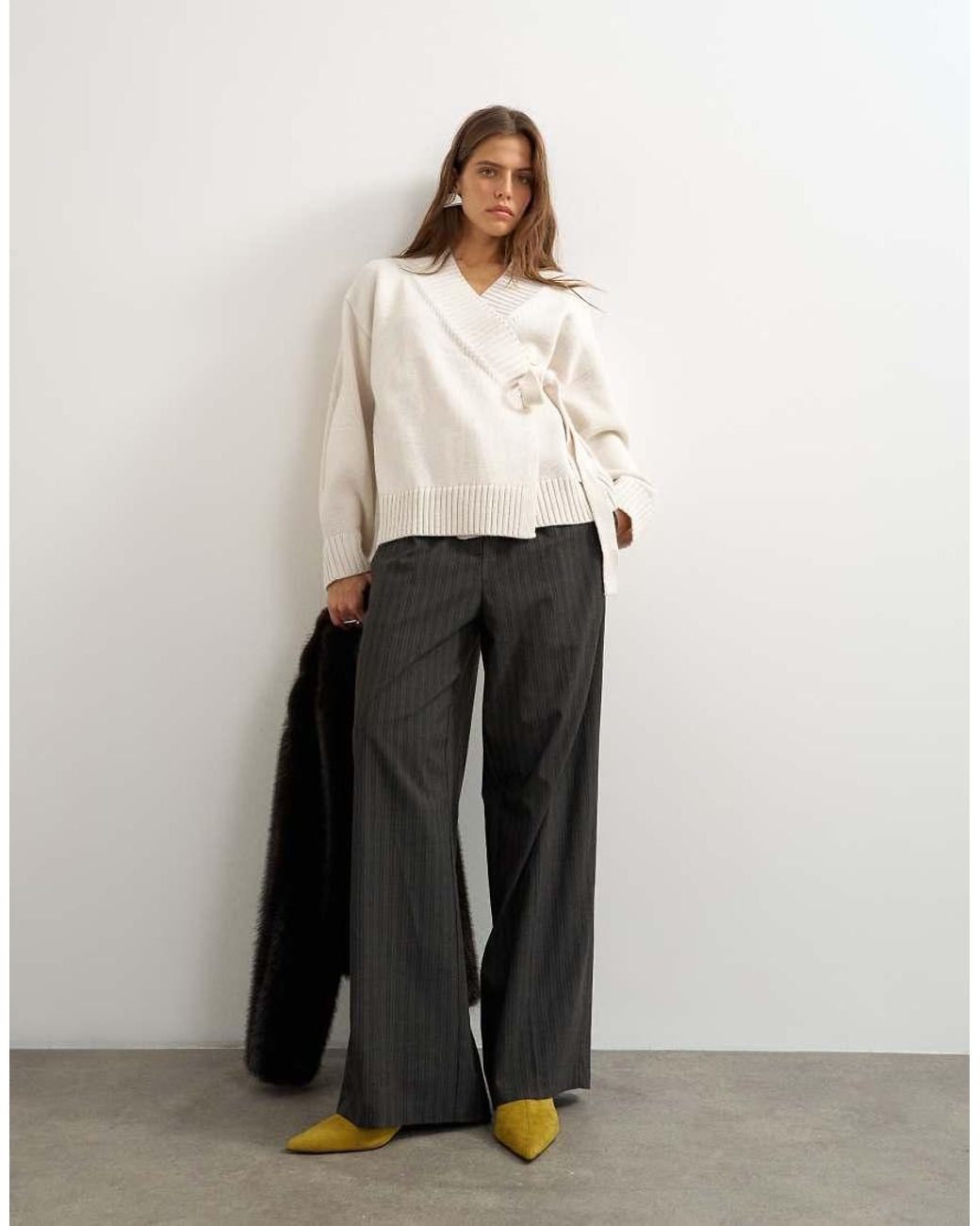 TOPSHOP White Knitted Wrap Tie Waist Cardigan With Wool