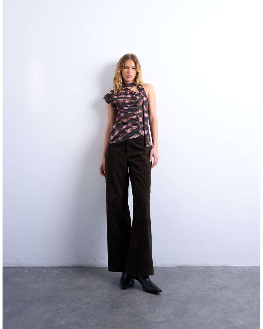TOPSHOP Brown Ruched Check Print Scarf Detail Asymmetric Hem Top