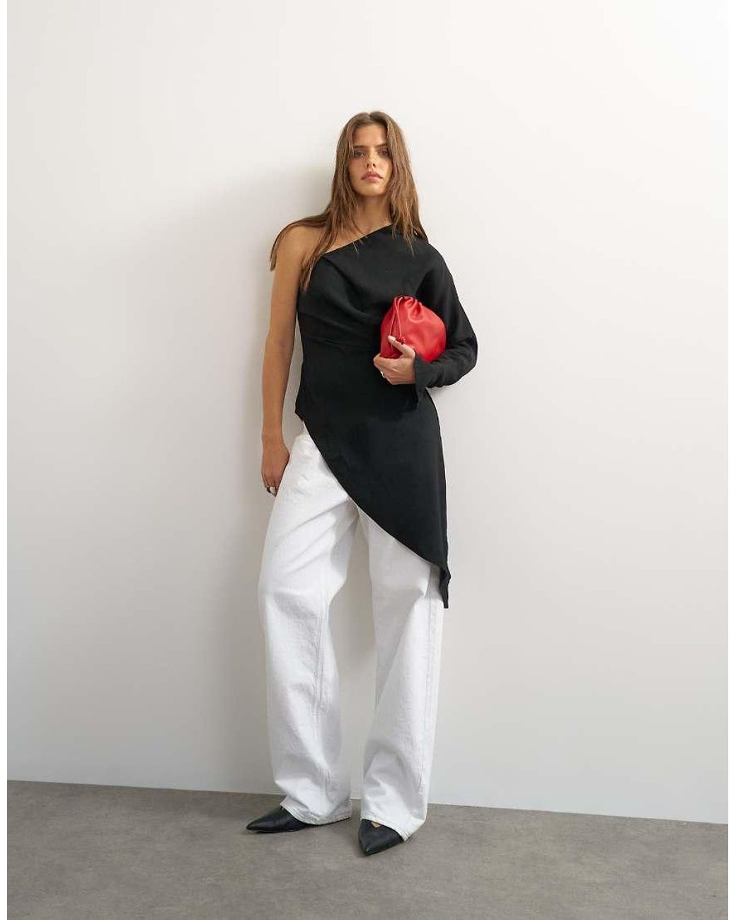 TOPSHOP White One Shoulder Draped Long Sleeve Asymmetric Tunic