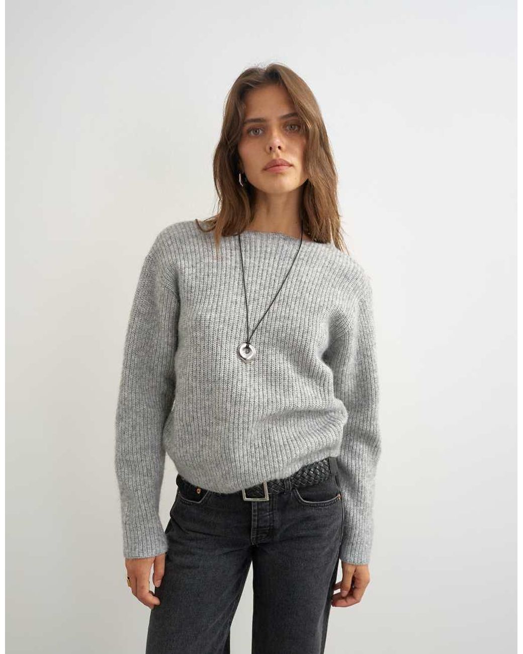 TOPSHOP Gray Knitted Knot Back Detail Jumper With Wool