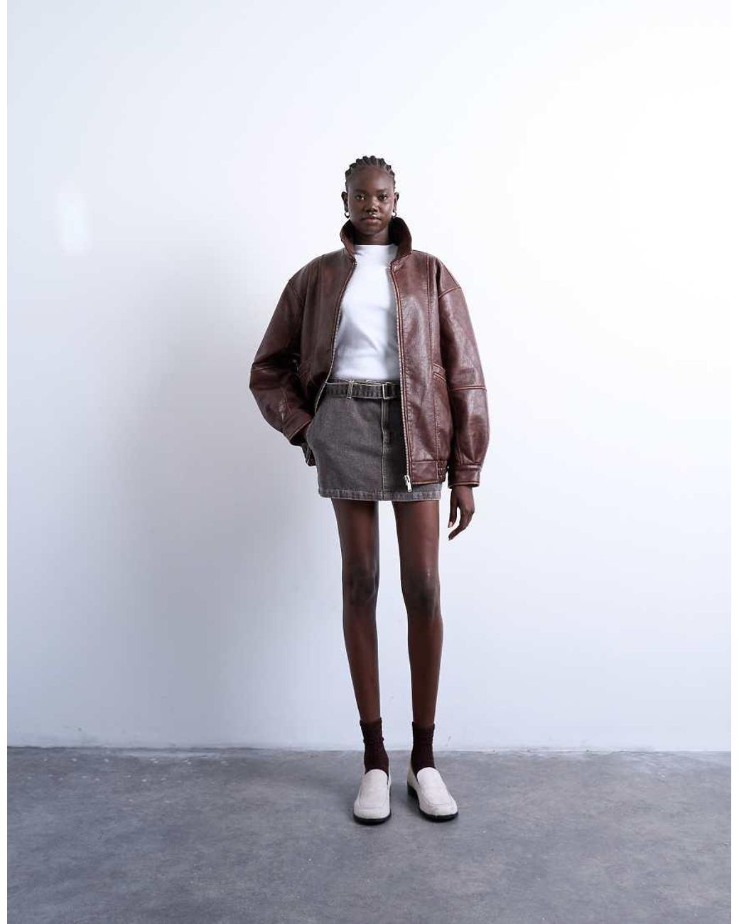 TOPSHOP Brown Super Oversized Faux Leather Contrast Heavy Wash Bomber Jacket