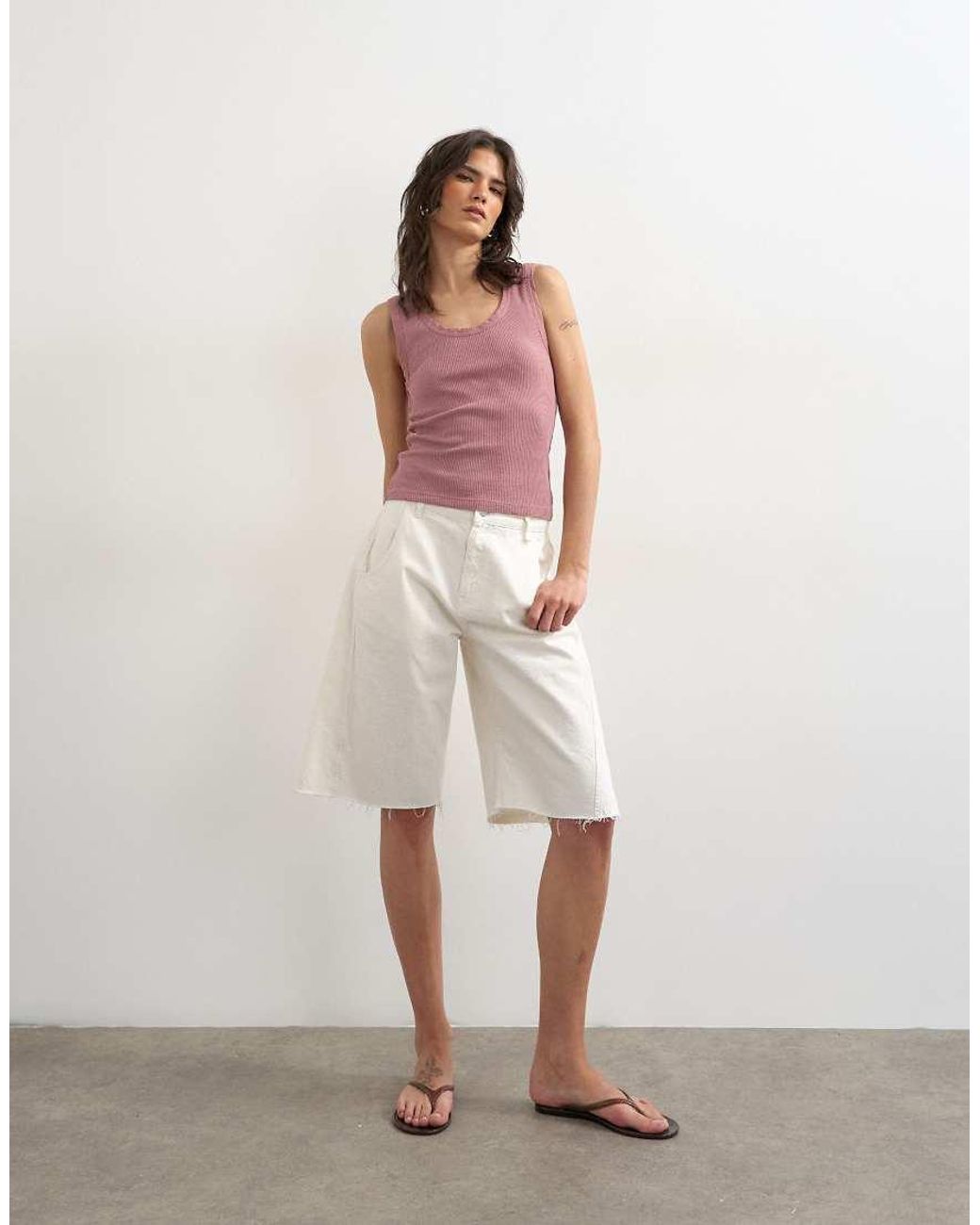 TOPSHOP Pink Washed Waffle Vest With Woven Trim