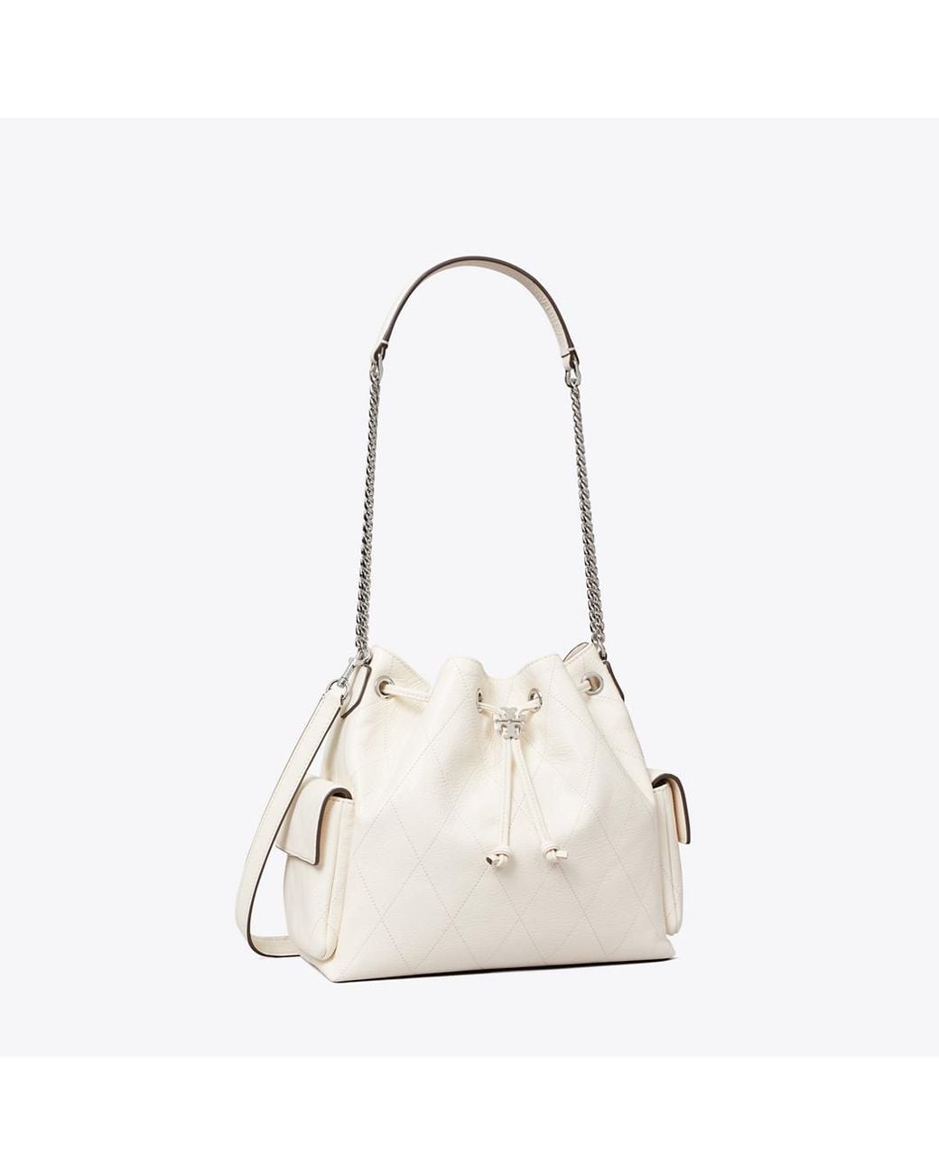 Tory Burch White Charlie Quilted Drawstring Shoulder Bag