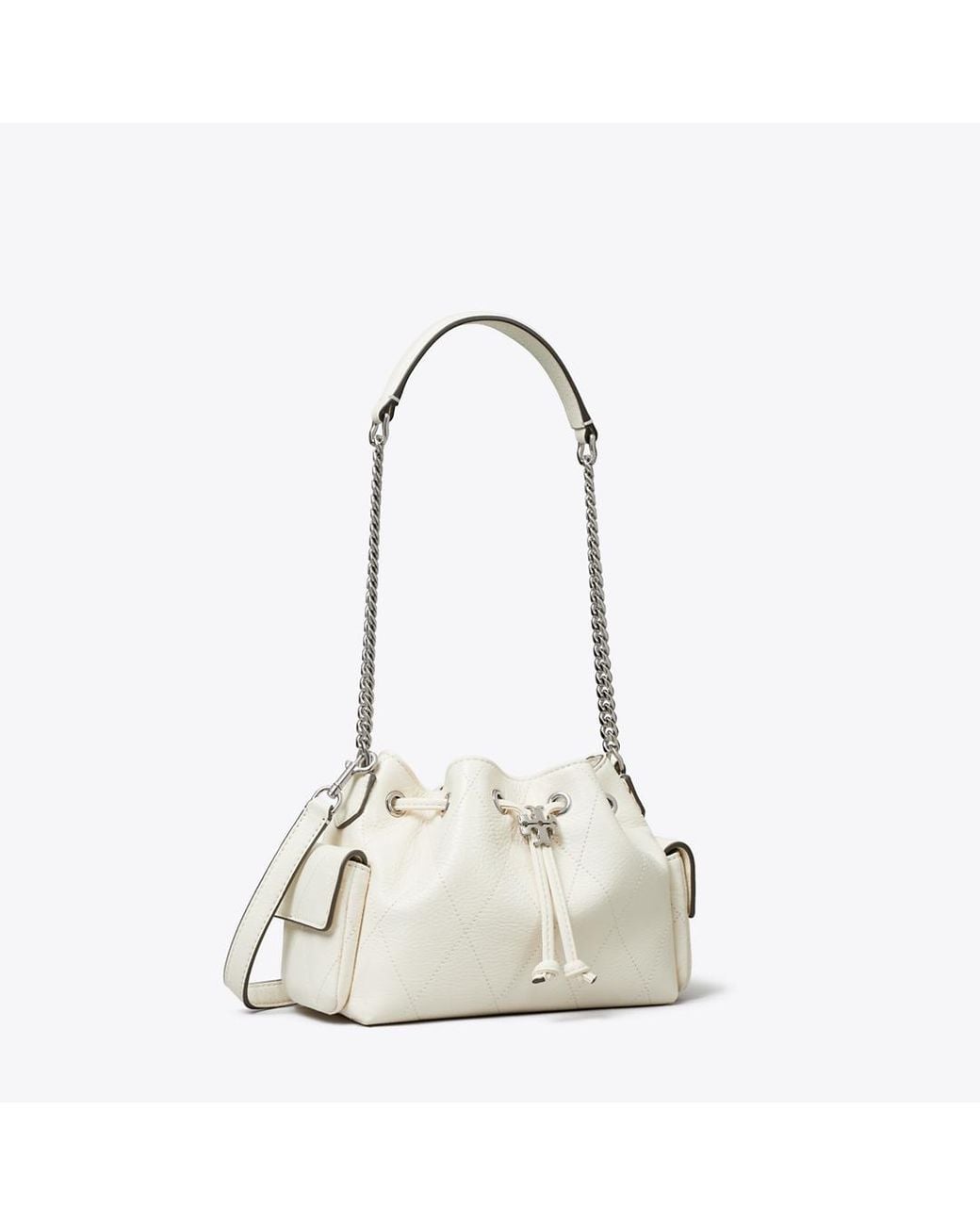 Tory Burch White Mini Charlie Quilted Drawstring Shoulder Bag