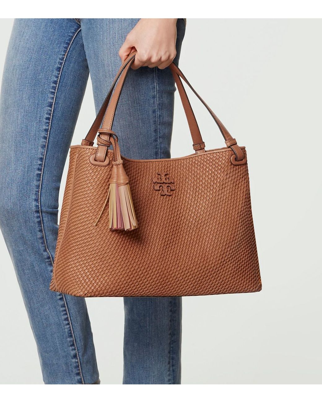 Tory Burch Thea Woven-leather Center-zip Tote in Brown | Lyst