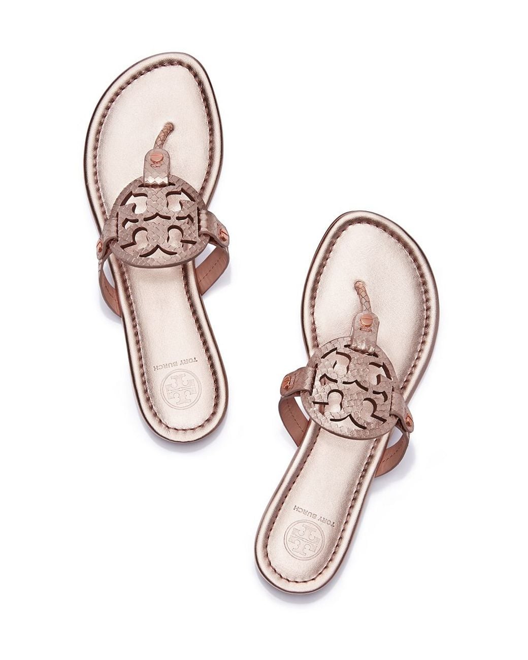 Tory Burch Miller Sandal, Metallic Snake-print Leather in Pink | Lyst