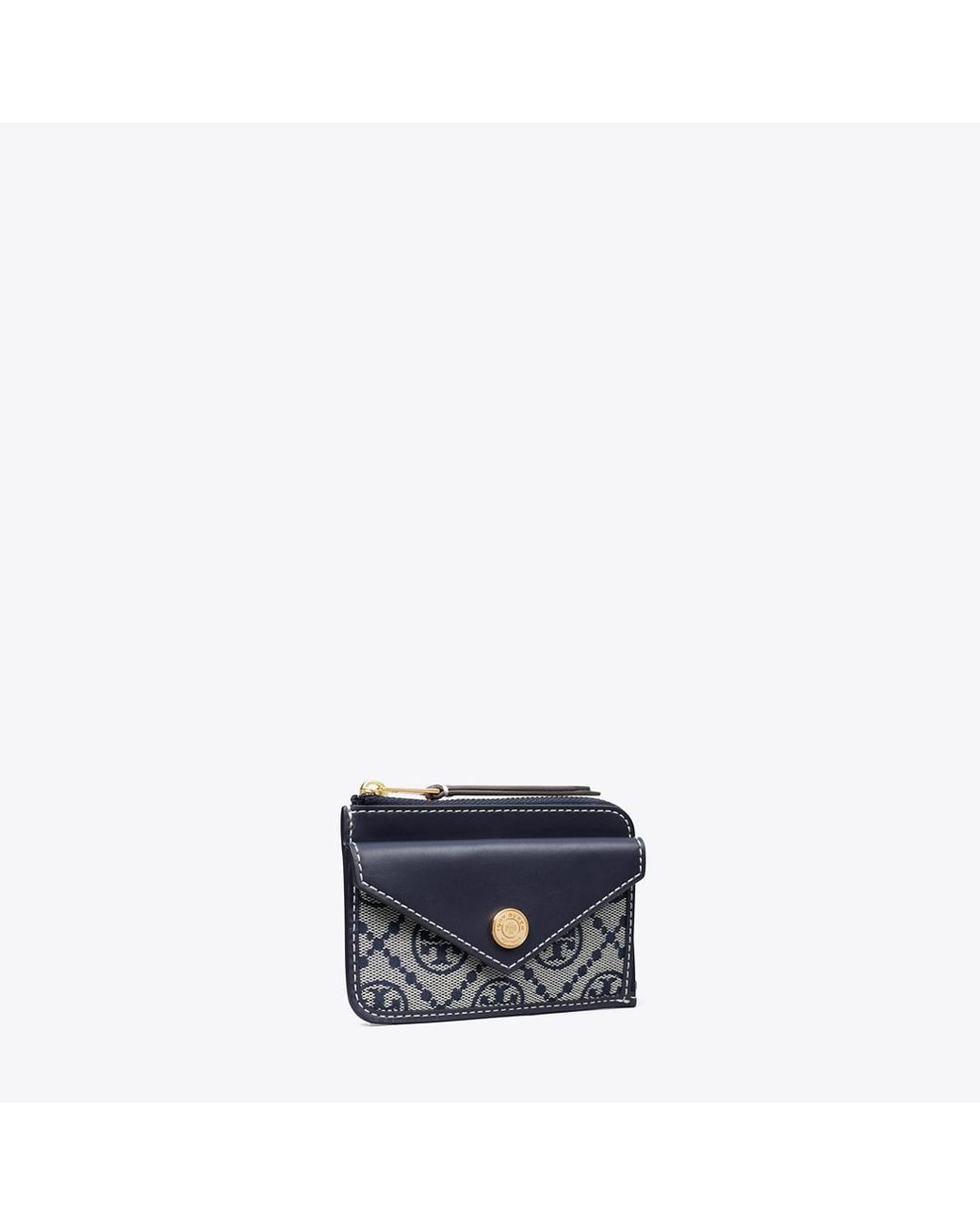 Tory Burch Blue Leather And Canvas Zip Card Holder