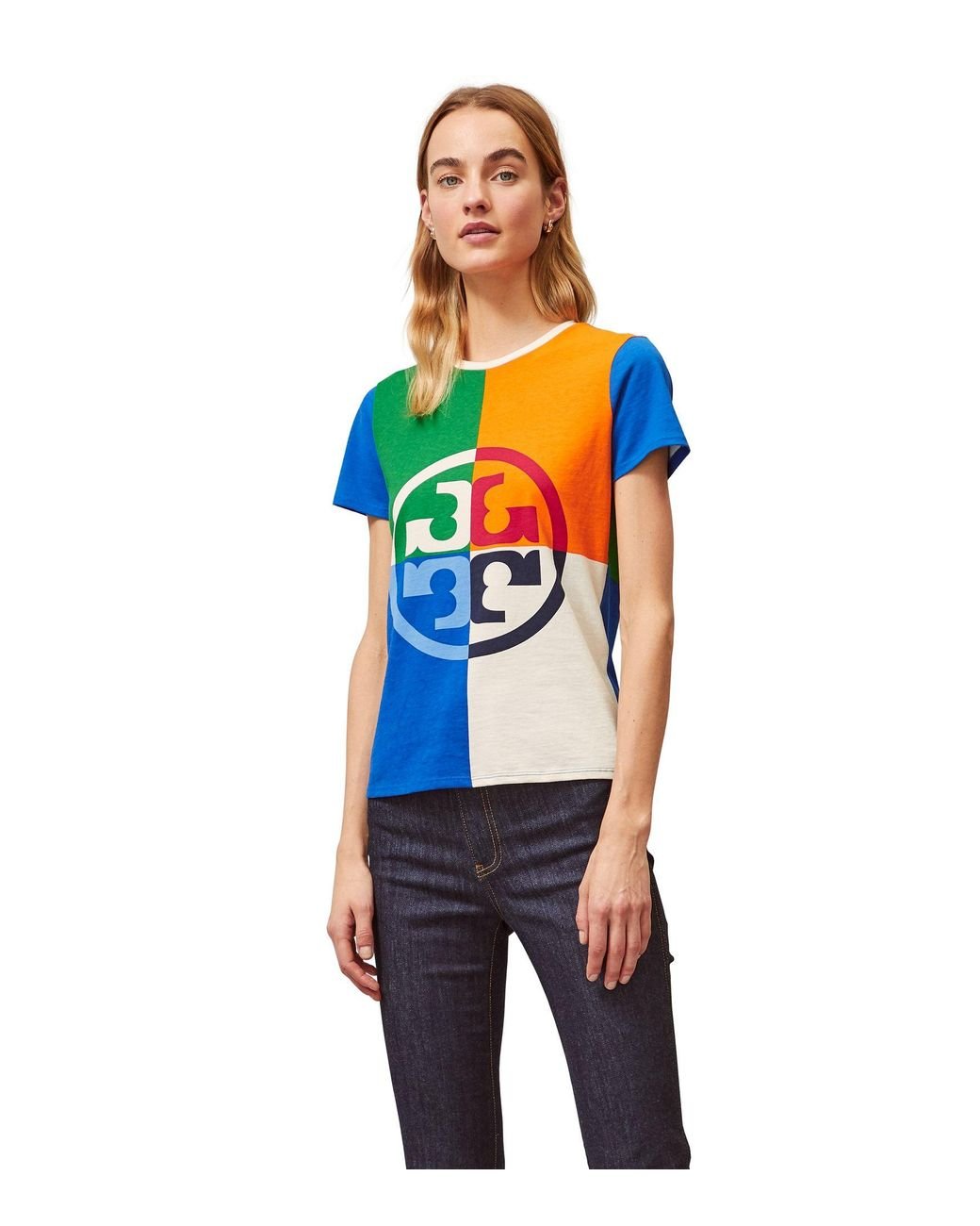 Tory Burch Color block Logo T shirt in Blue Lyst