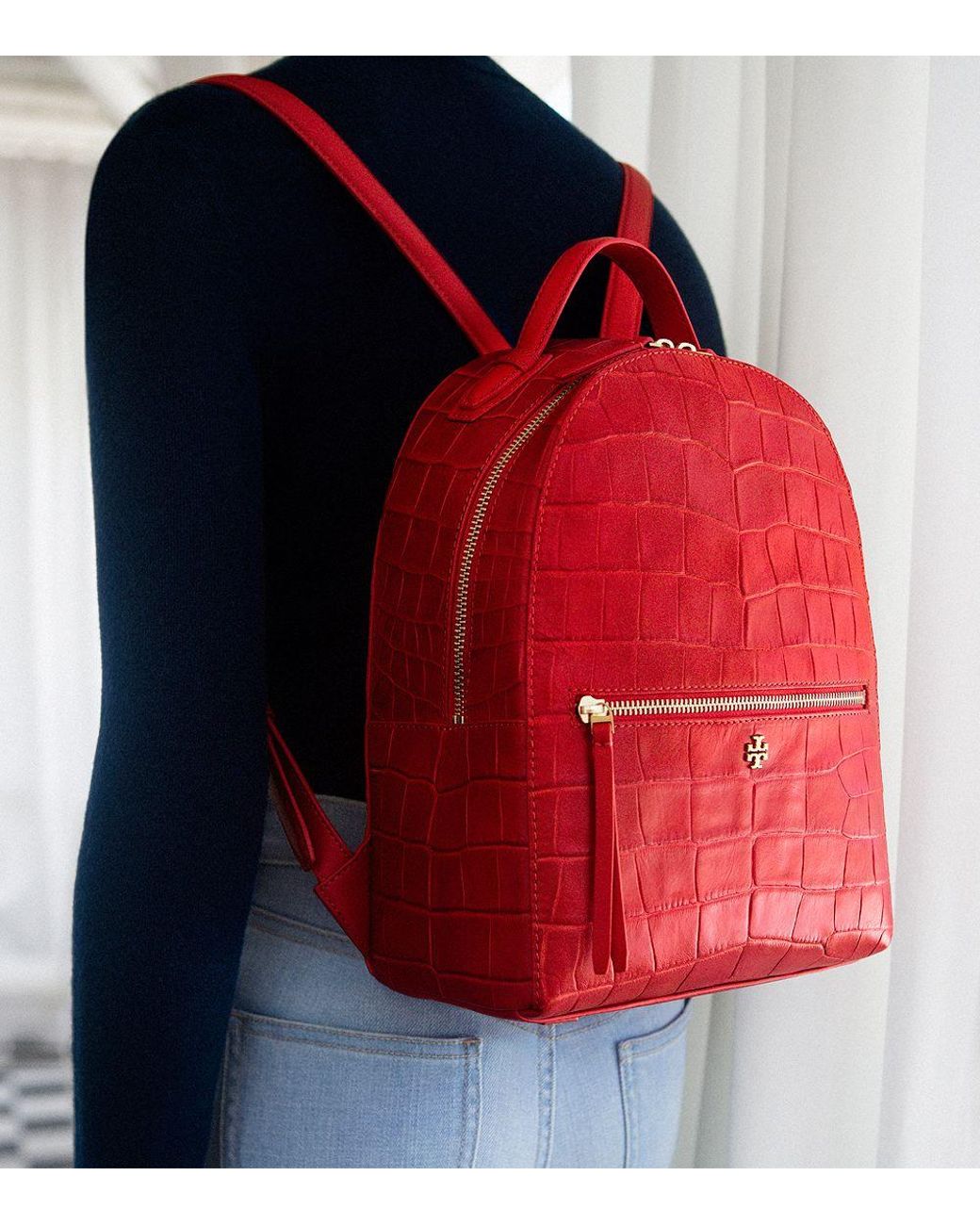 Tory Burch Croc-embossed Mini Backpack in Red | Lyst