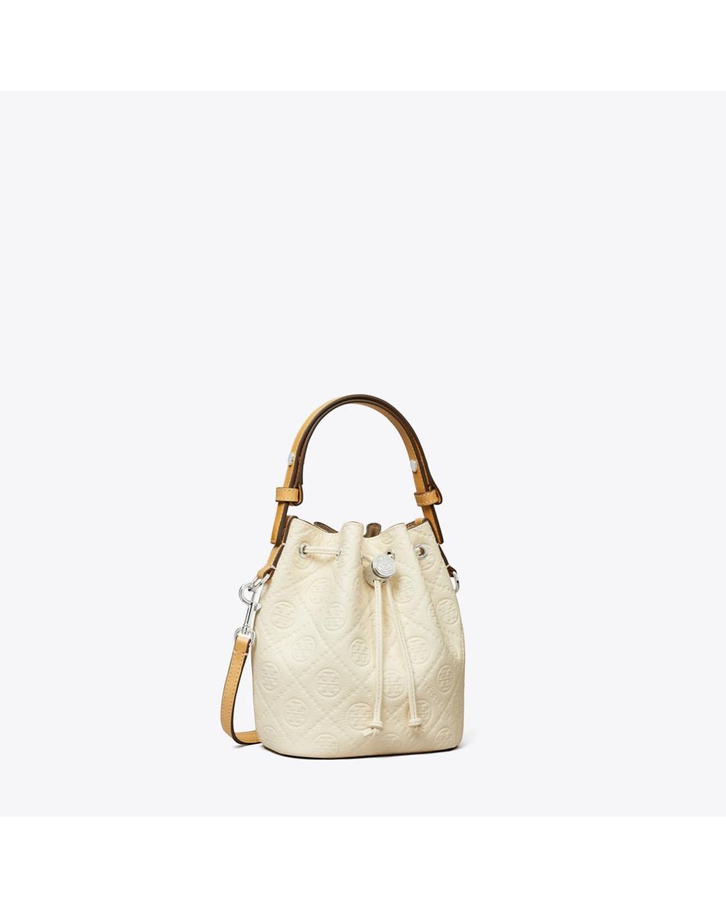 Tory Burch Natural T Monogram Pebble Mini Bucket Bag