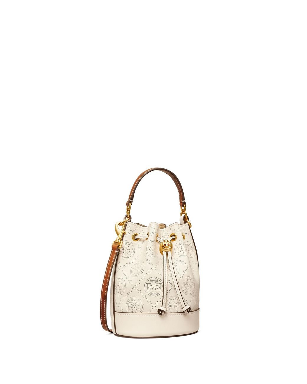 Tory Burch Leather Mini T Monogram Perforated Bucket Bag in 