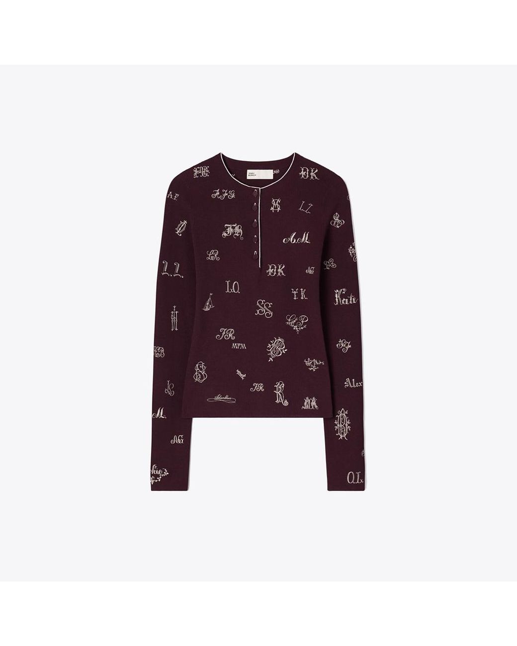 Tory Burch Purple Embroidered Henley Sweater